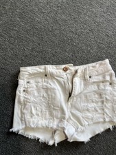 AE American Eagle Jean Shorts White Distressed Super Hi Rise Shortie Sz 4
