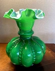 Fenton Ivy Green Cased Overlay Crimped Ruffled Edge 7.75" Vase