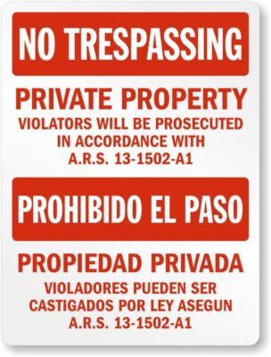 Arizona Bilingual Private Property No Trespassing Aluminum Weatherproof 8'' x