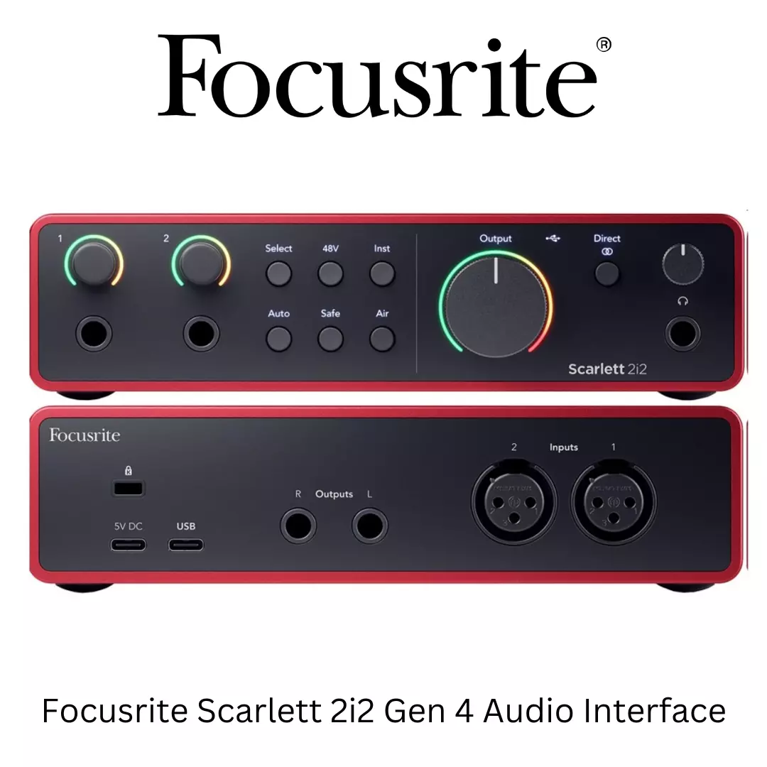 A picture of the front and back of the Scarlett 2i2 gen 4 audio interface