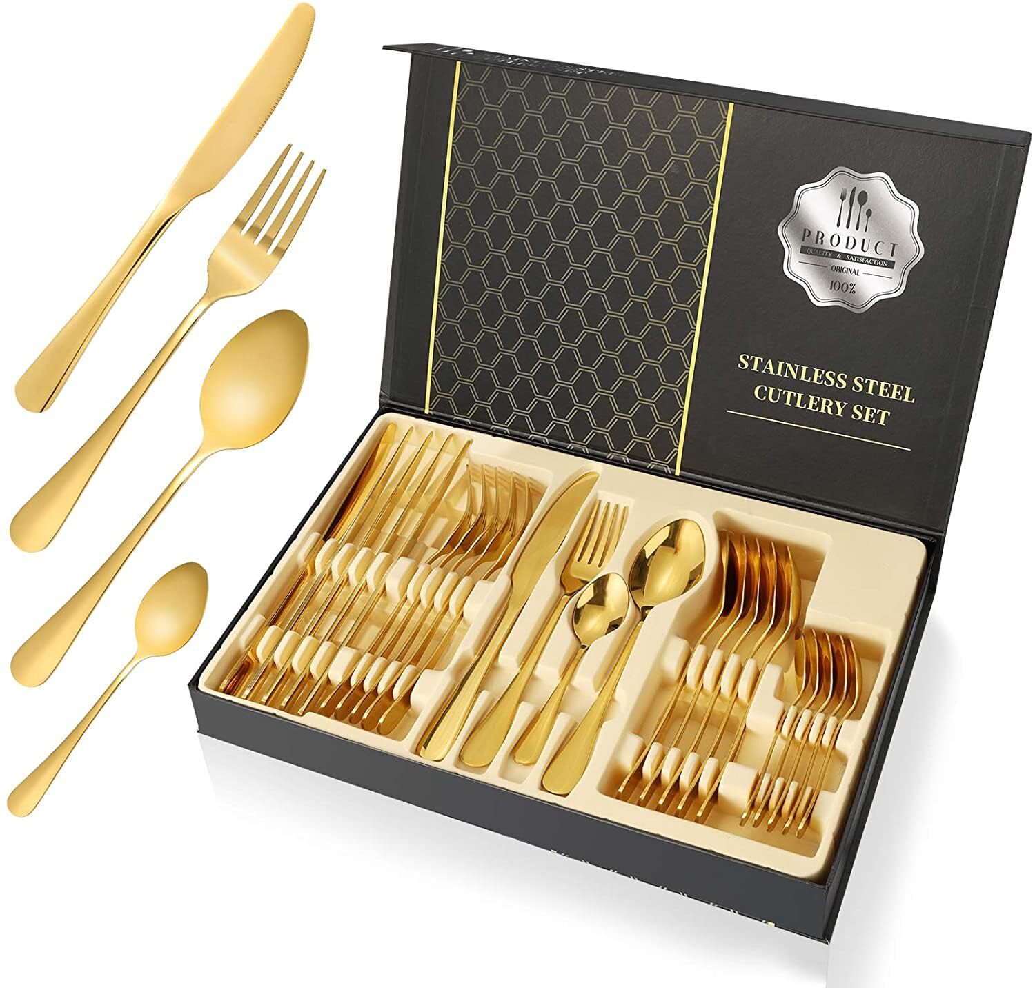 Elegant Gold Silverware Set with Box for Housewarming Kitchen Gift