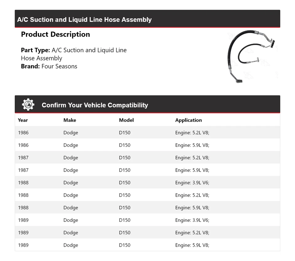Conjunto de manguera de línea líquida y succión de aire acondicionado Dodge D150 1986-1989 4 estaciones Foto 2 de 4