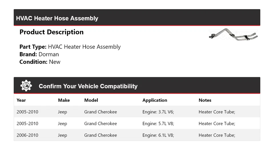Para 2005-2010 Jeep Grand Cherokee Dorman conjunto de mangueira aquecedor HVAC 2006 2007 - Imagem 2 de 4