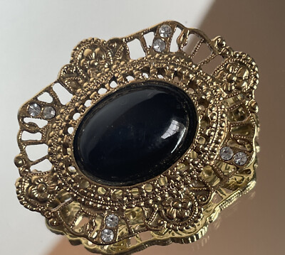 1928 Faux Black Onyx & Rhinestone Brooch Pin Gold Tone E25