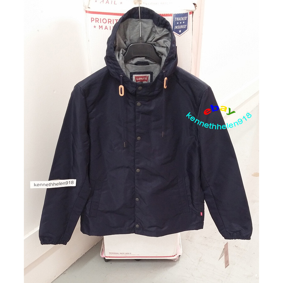 LEVIS FLIGHT SATIN COACHES HOODED JACKET COAT NAVY BLUE MENS SIZE