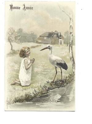 Illustration - Fillette Et Cigogne - Mille Bons Souhaits - Bonne Année