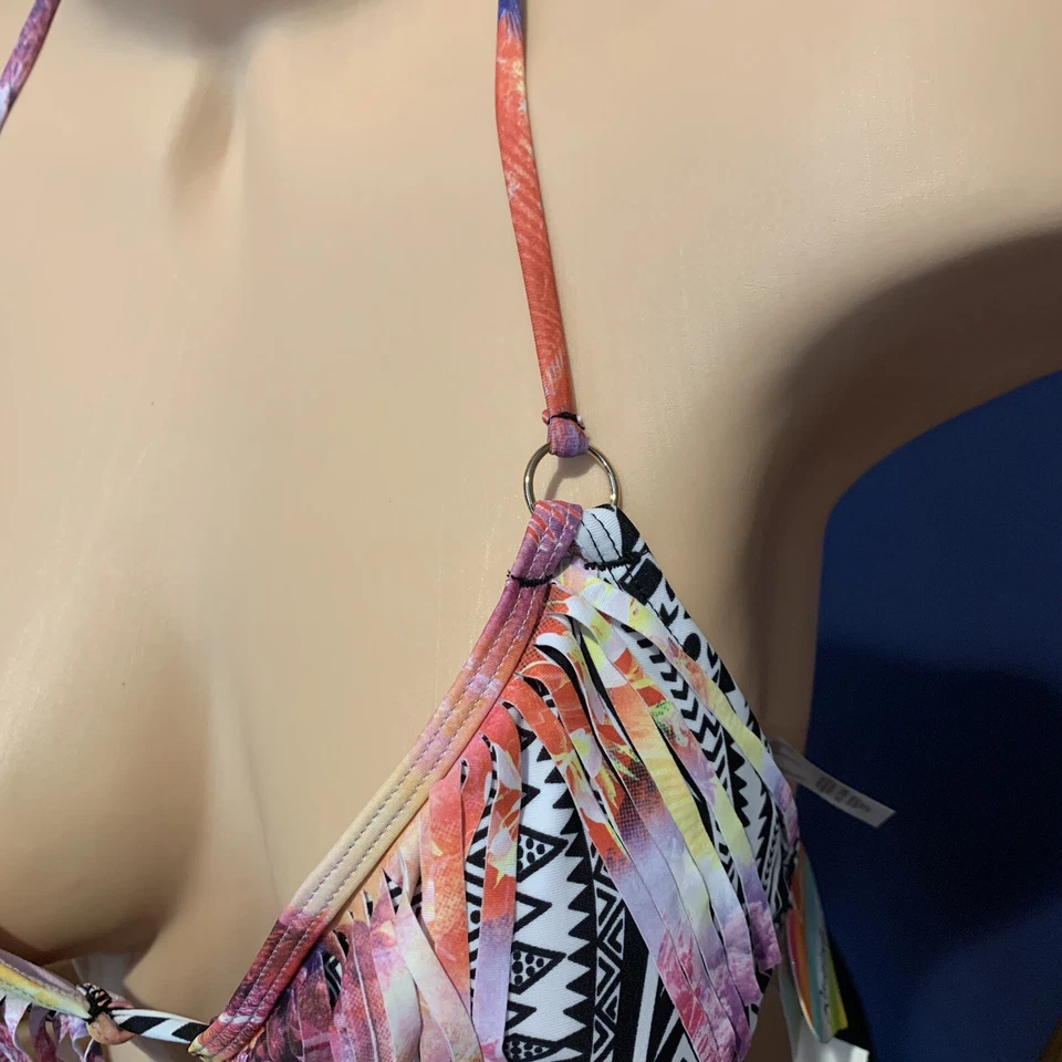 Raisins Bikini Top Sz S Black White Pink Triangle Bra Fringe Swimsuit P7842 - Image 3 of 4