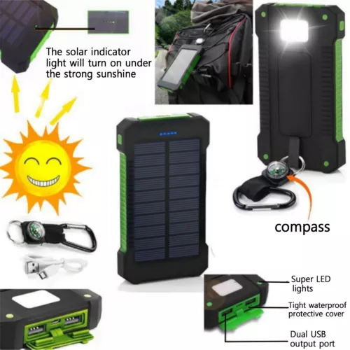 Waterproof Solar Power Bank Dual-USB Portable External Battery Charger 8000mah