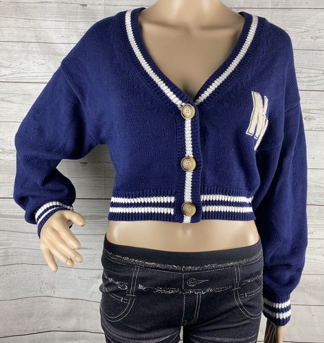 Hu0026M Divided Cropped Cardigan Sweater XS Navy Blue White New York NY Letter  Knit | eBay