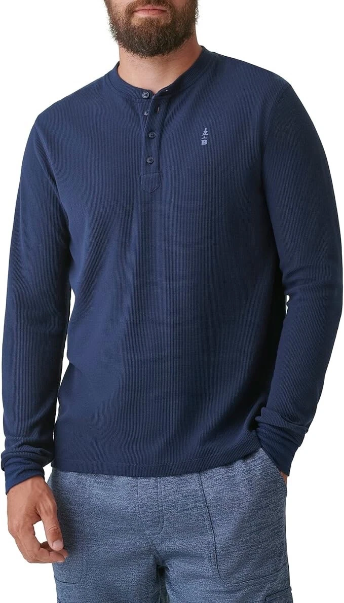 BASS OUTDOOR Men's Standard Henley Long Sleeve Shirt, Dress Blue, L