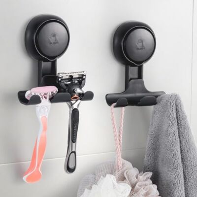  Razor Holder for Shower 2 Pack, Powerful Vacuum Suction Cup Hooks Black, Round