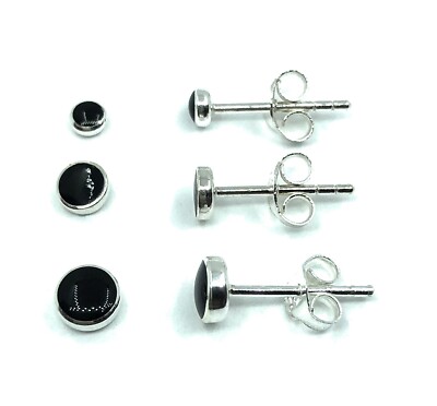 Sterling Silber 3 Paar 3, 4 & 5 mm runde schwarze Onyx Kugel Knopf Ohrstecker