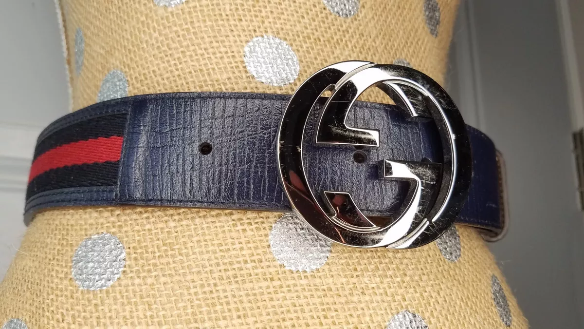 AUTHENTIC GUCCI GG SILVER TONED NAVY BLUE/RED LEATHER BELT- UNISEX 30"  / 75cm XS