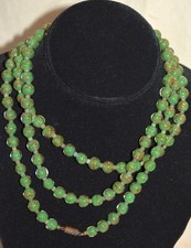 Vintage Green Lampwork Art Glass Bead Necklace green gold flecks 48"