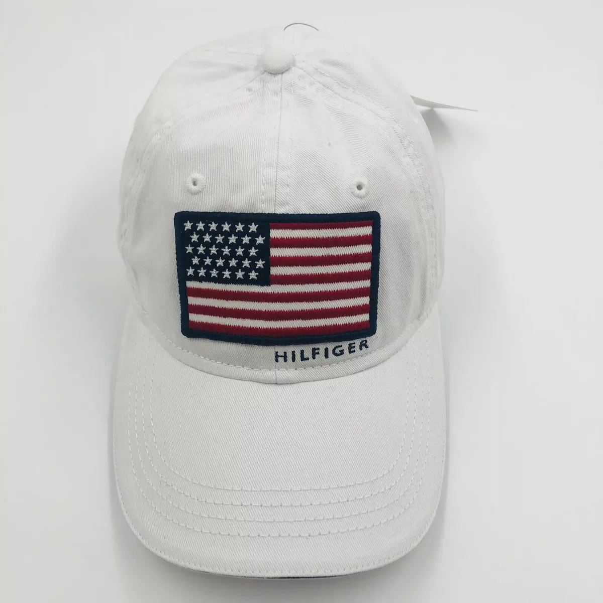 Tommy Hilfiger USA Flag Patch Cotton Baseball Cap Trucker Hat White TH Logo  NWT