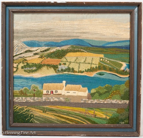 Vintage Embroidered Irish Landscape of Inchiquin Lough Corofin Village, Fine