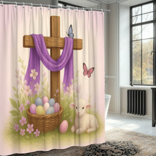 Easter Shower Curtain with Cross, Lamb, and Colorful Eggs