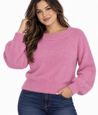 ALMOST FAMOUS Juniors Bubble Gum Pink Fuzzy Off the Shoulder Sweater Size M NWT