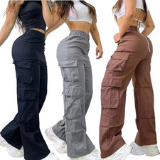 New Straight Cargo Pants Women High Waist Baggy Trousers Casual Wide Leg Slim Vi