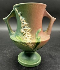 Roseville Foxglove 161-6 Green Pink Double Handle Vase Vintage 1942 Pottery