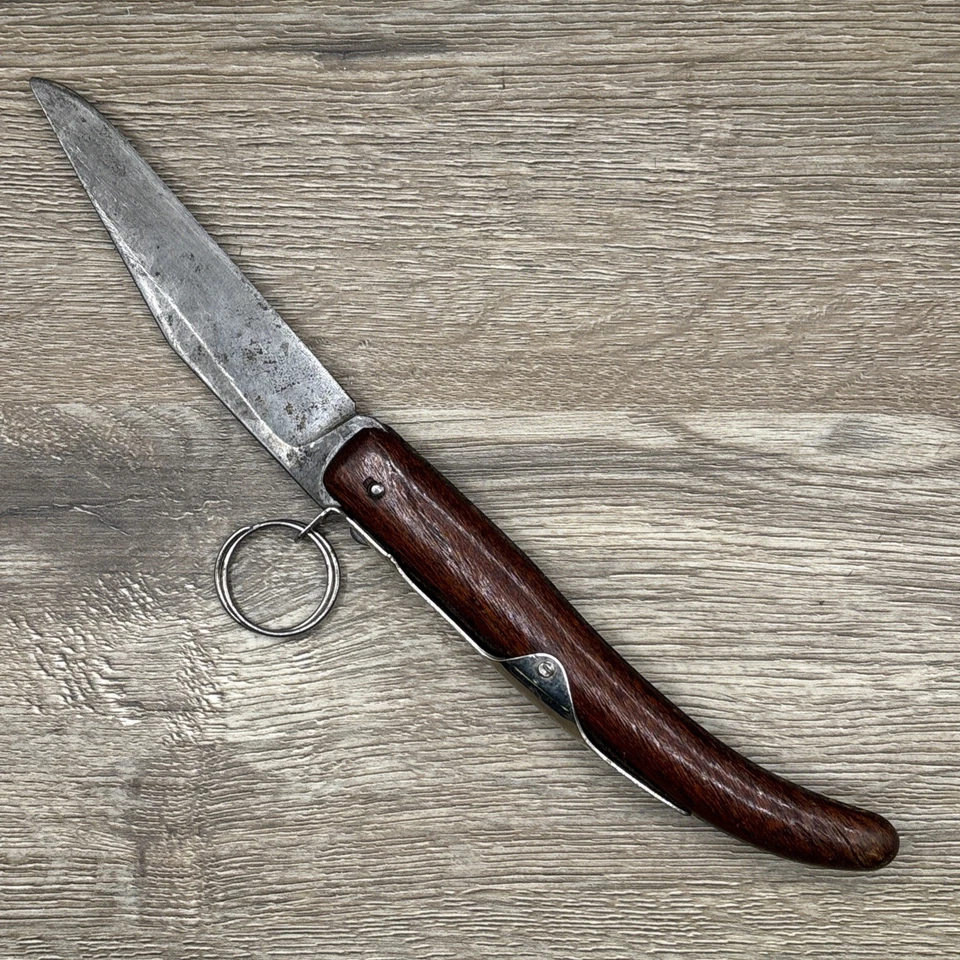 Cuchillo de bloqueo de llavero Okapi hoja de acero al carbono de 4" con mango de madera con incrustaciones de acero Foto 2 de 2