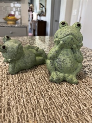 (2) Moss Green Garden Frog Statues Zen Dreamer/Relaxing Garden Decor
