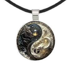 Intricate High Detail 2-D Yin Yang Dragon Pendant Black Leather Cord