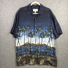 Island Shores Men's XL Blue Palm Tree Island Scene Rayon Hawaiian Aloha Shirt
