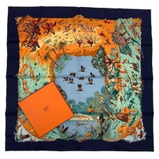 HERMES Kale90 AFRICA Navy Silk Scarf Used