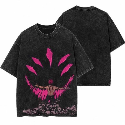 Neon Pink Skull Graphic Top, Dark Warrior Power Anime Vintage Washed Apparel, Di