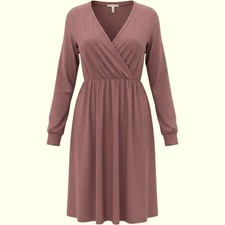 Softcore Long Sleeve Boho NEW V-Neck Elastic Waist Knit Dress Burgundy L