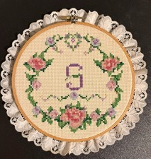 Vintage Hand Cross Stitch Monogram Letter S Floral Wreath Wood Hoop Wall Art
