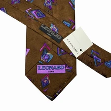 Leonard Paris NEW Men's Tie Geometric Brown 100% Satin Silk 3 5/8" (W) 55.5" (L)