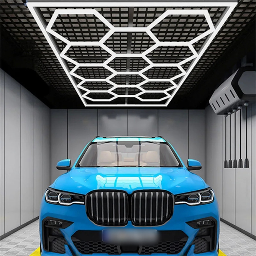 Lampada da officina LED esagonale 14 dettagli garage illuminazione a nido d'ape cura dell'auto DE foto 2