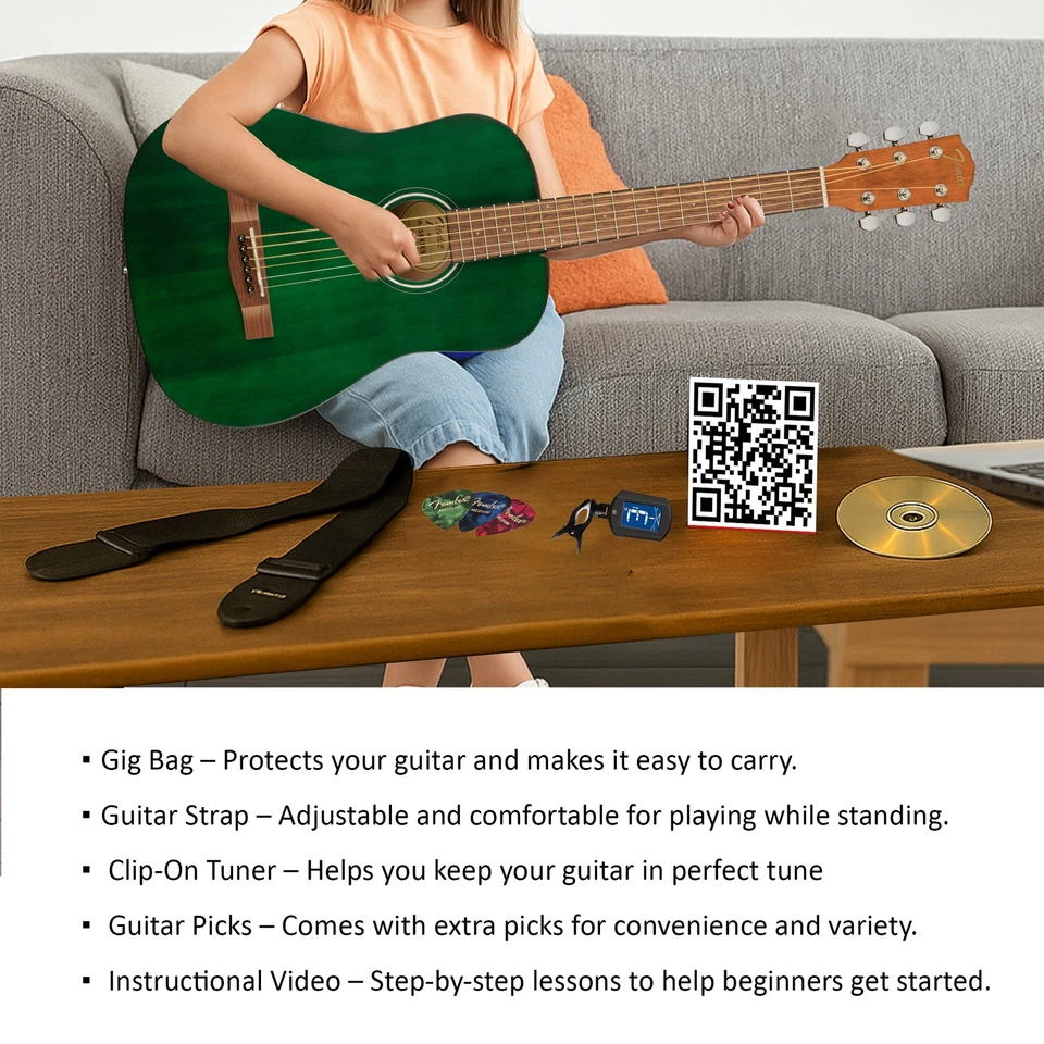 Guitarra acústica Fender FA-15 escala 3/4 para niños cuerda de acero - verde con estuche Foto 3 de 4