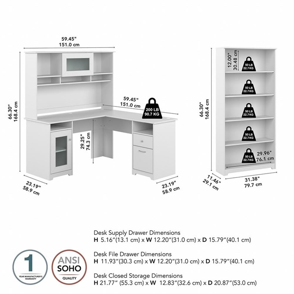 Cabot 60W L Desk with Hutch and 5 Shelf Bookcase in White - Engineered ...