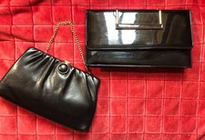2 Vintage Purse Black Patent Leather Bag/Clutch W/Gold Tone Clasp And Chain