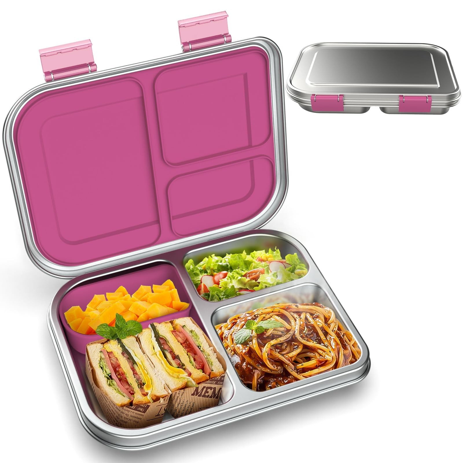 Stainless Steel Kids Leak-Resistant Bento Lunch Box, 3-Compartments with Sili...