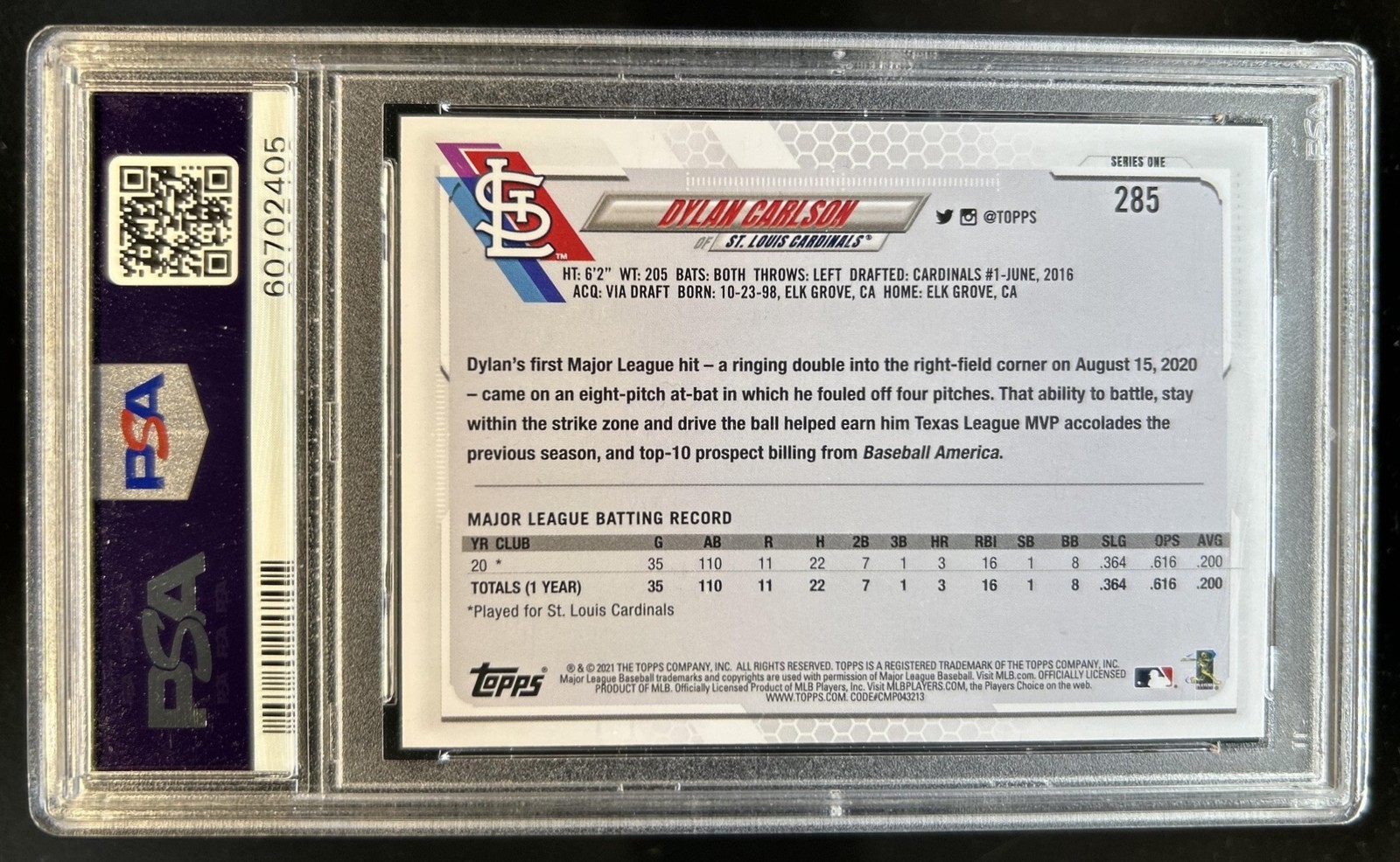2021 Topps Dylan Carlson RC Rookie #285a Cardinals PSA 10 GEM MINT view 2