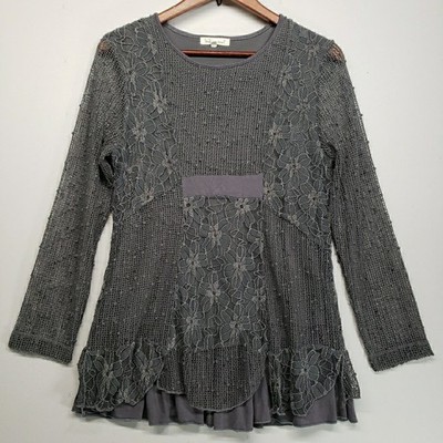 Indigo Soul Womens S Gray Mixed Media Lace Long Sleeve Whimsical Shirt Blouse