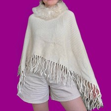 Simply Natural Fur Trim Knit Poncho | Cream F...