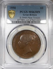 1854 Great Britain Penny 1 Dei PCFS MS63BN Brown S-3948 Plain Trident