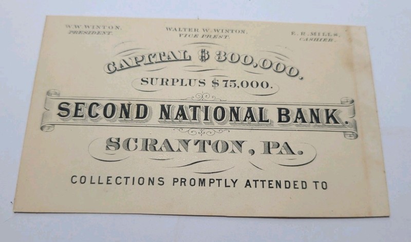 ✨ANTIQUE✨ Second National Bank Scranton PA Trade Card - Vintage Bank Note Card