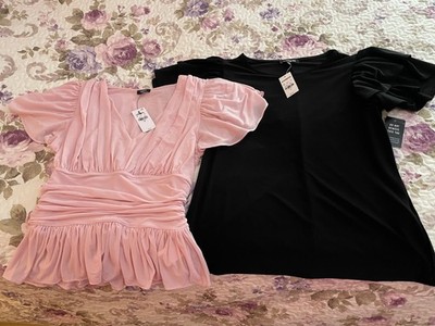 NWT Lot of 2 EXPRESS Size XS Flutter Sleeve Blouses Black Pink Romantic Spring