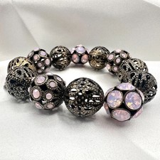 Vintage Y2K Pink Glass Brass Tone Filigree Beaded Stretch Bracelet Retro Jewelry