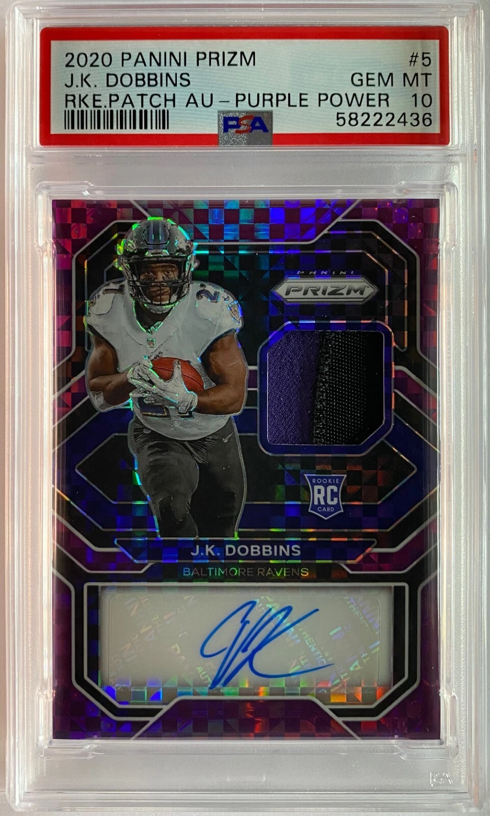 JK Dobbins Panini Prizm Rookie Patch Autographs #5 Purple Power