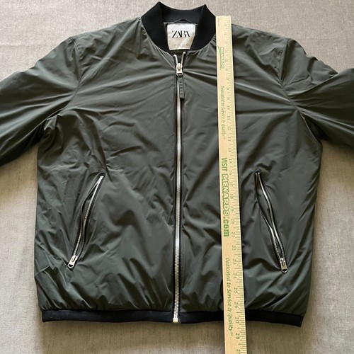 Zara Full Zip Up Bomber Jacket Coat Men Size L Green 2 Zip Pockets - Picture 8 of 9