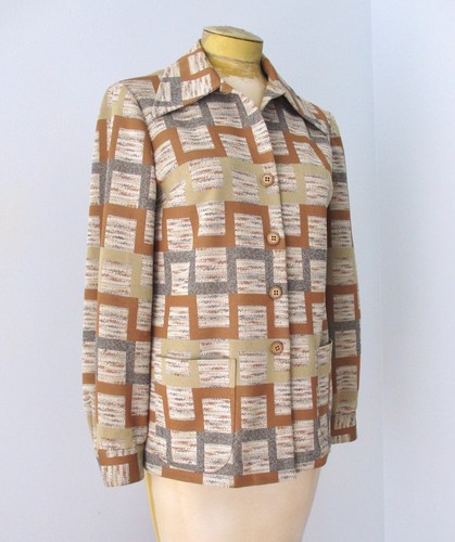 Vtg 60s 70s Brown Gray Geometric Poly Knit Button Jacket Pockets Dagger Collar M - Picture 4 of 6