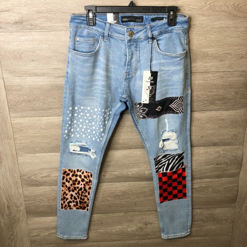 2Y Premium Mens 31 Patchwork Denim Jeans Multi Checker Animal Skinny Fit  NEW | eBay