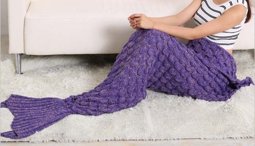Handmade Cocoon Crocheted Mermaid Tail Sofa Blanket Knit Lapghan Beach Quilt Rug - Picture 9 of 16